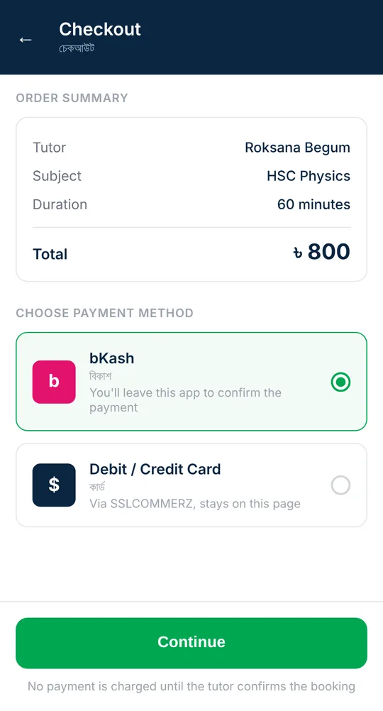 Checkout screen: order summary with tutor, subject, duration and a total of 800 taka, then bKash selected and Debit or Credit Card as payment methods.
