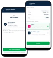 Two phone screens from EduBridge: the Booking Request screen with the rate first, and the checkout with bKash and card options.