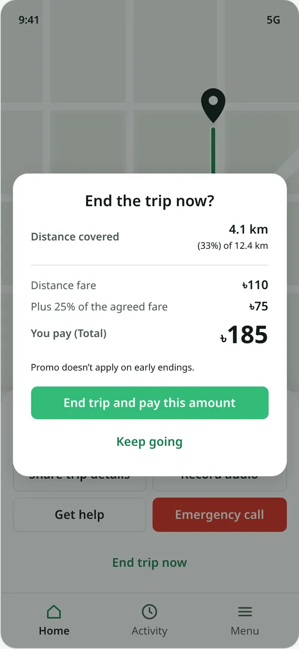 Modal 'End the trip now?' showing distance covered, distance fare, plus 25% of the agreed fare, and the total to pay.