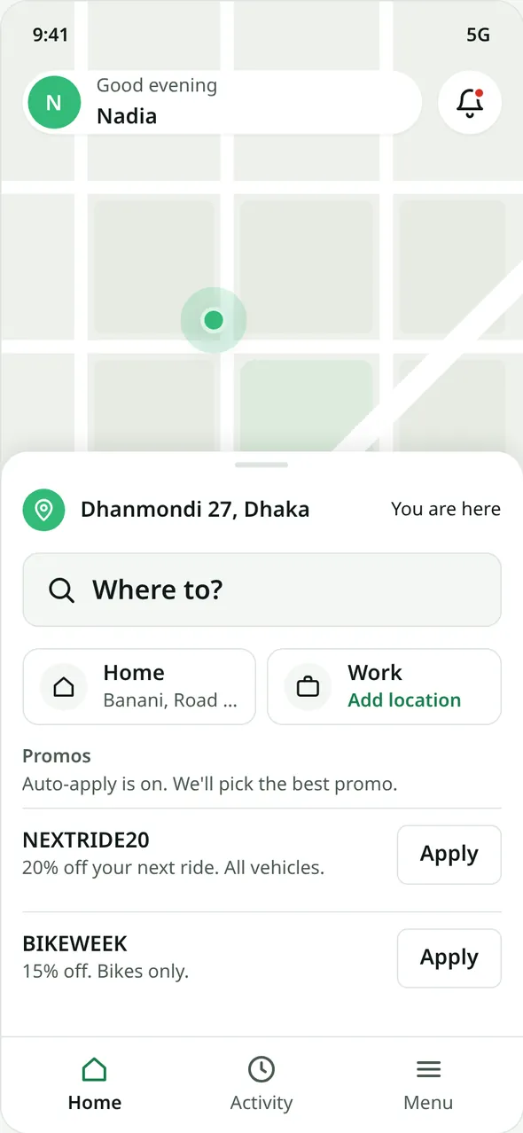 Home screen with a map, a 'Where to?' search box, Home and Work shortcuts and a list of promos.
