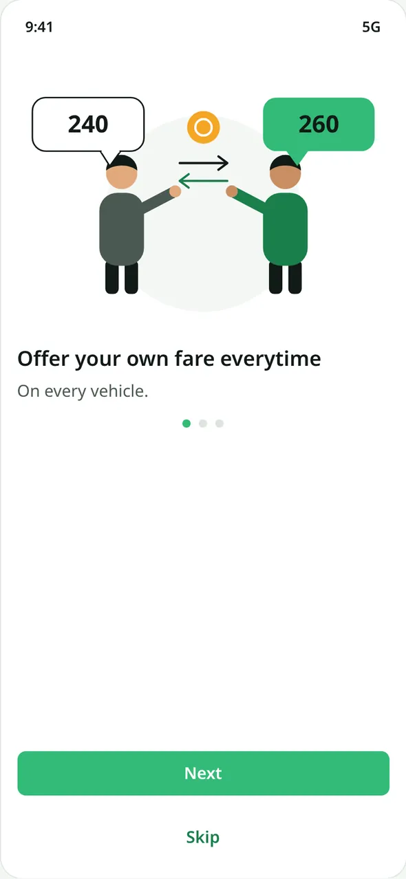 Intro screen: two people with price bubbles of 240 and 260, headline 'Offer your own fare everytime'.
