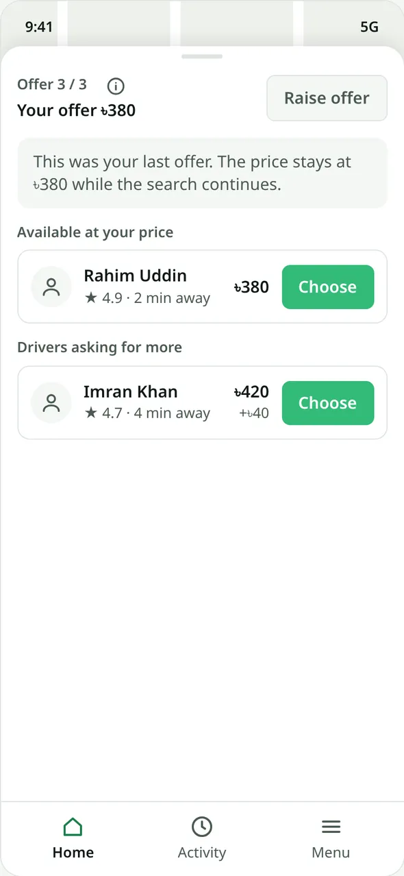 Results at 'Offer 3 / 3' with a note that this was the last offer and the price stays at 380.