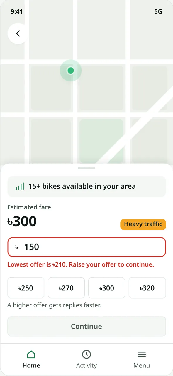 Price screen with an offer of 150 in red and the message 'Lowest offer is 210. Raise your offer to continue.'