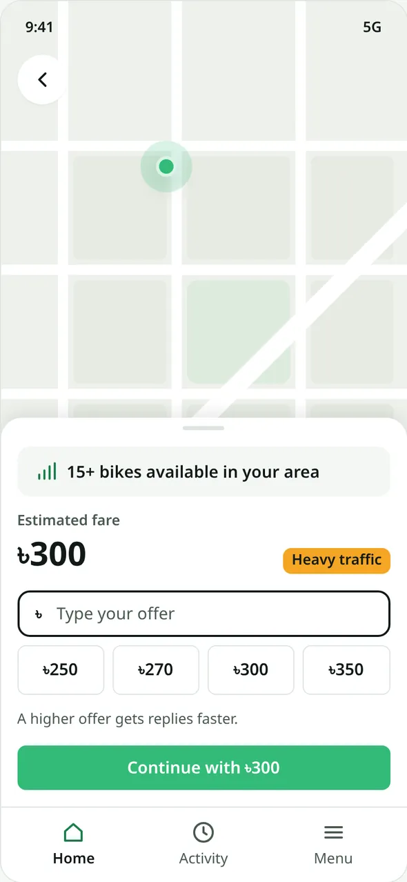 Price screen: '15+ bikes available in your area', estimated fare 300 taka, an input for your own offer and four suggested prices.