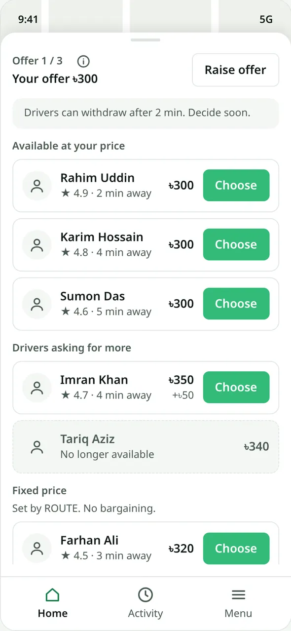 Results: 'Offer 1 / 3', drivers available at your price, drivers asking for more, one driver no longer available, and fixed-price drivers.