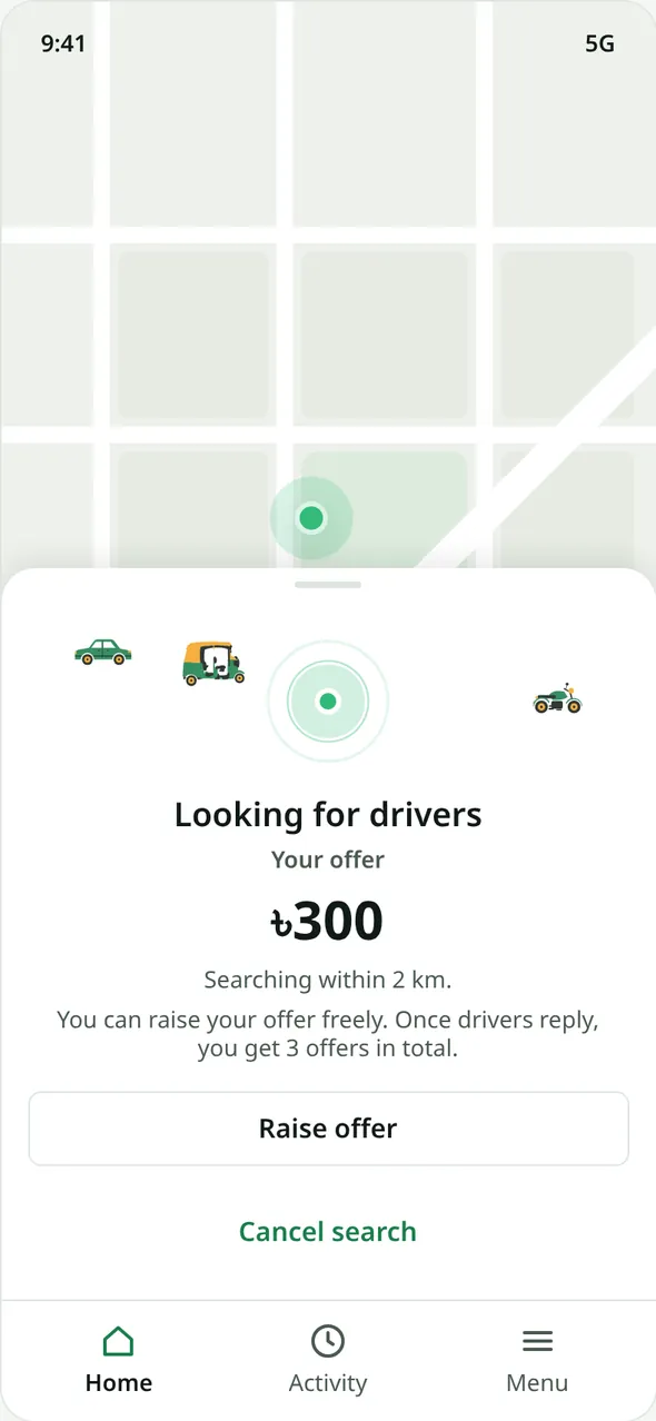 Searching screen: 'Looking for drivers', your offer 300, searching within 2 km, with Raise offer and Cancel search.