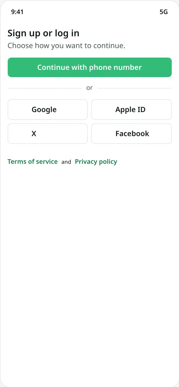 Sign up or log in: Continue with phone number, then Google, Apple ID, X and Facebook, and links to Terms of service and Privacy policy.