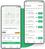 Two phone screens from Route: the price and offer screen and the list of drivers.
