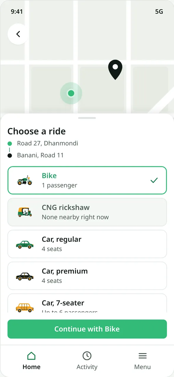 Choose a ride: bike selected, CNG rickshaw greyed with 'None nearby right now', then three car types.