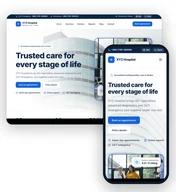 The XYZ Hospital website on a desktop and a phone: a hero reading 'Trusted care for every stage of life' with a Book an appointment button.